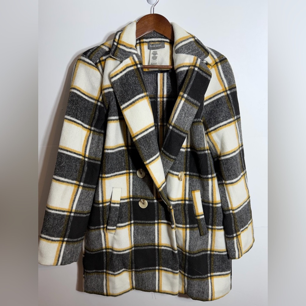 Sans Souci Black, White & Yellow Preppy Plaid Pea Coat Wool Blend